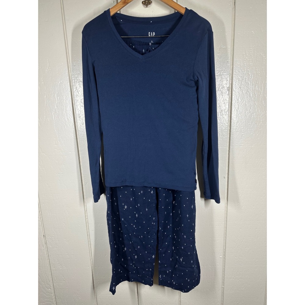 Gap Pajama Set Womens L Navy Blue Star Print V-Neck Long Sleeve 2 Piece PJ Set